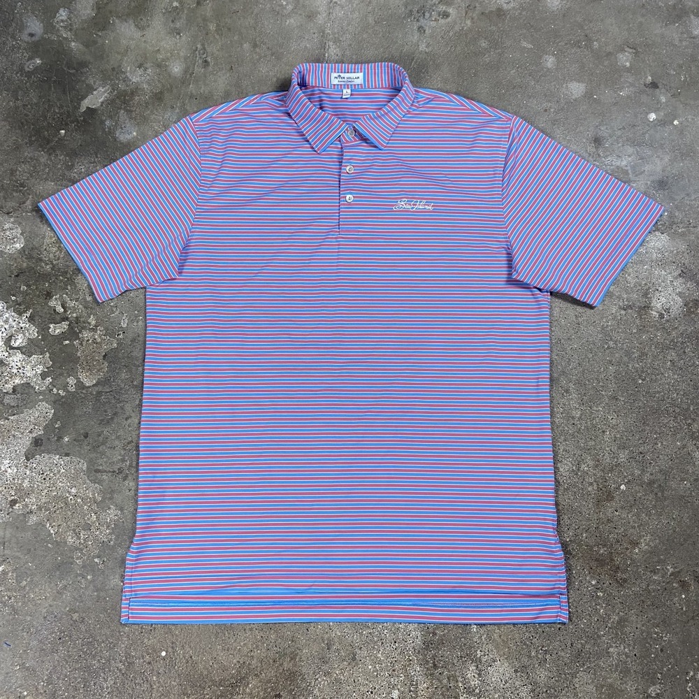 Peter Millar Polo Shirt Size Large Blue Pink Striped Short Sleeve Sea Island